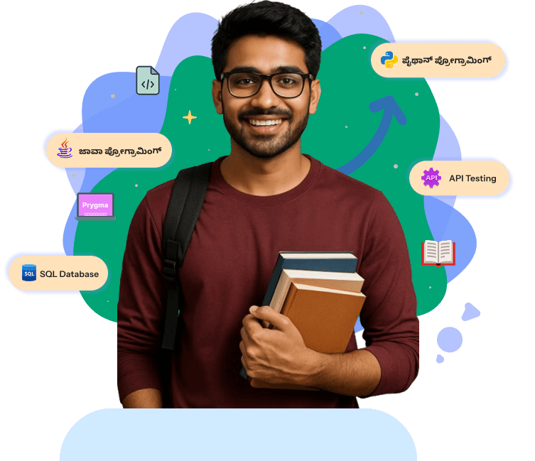 Smiling student holding books with tech badges